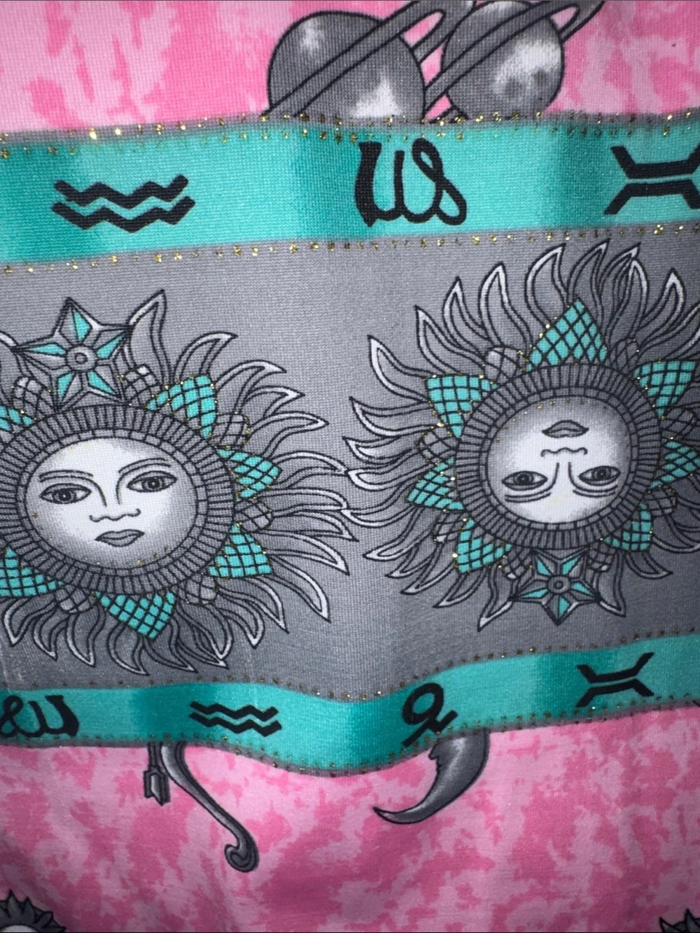Vintage 90s Celestial Sun Moon Stars Quilted Throw Blanket Pink Teal Retro 36x62